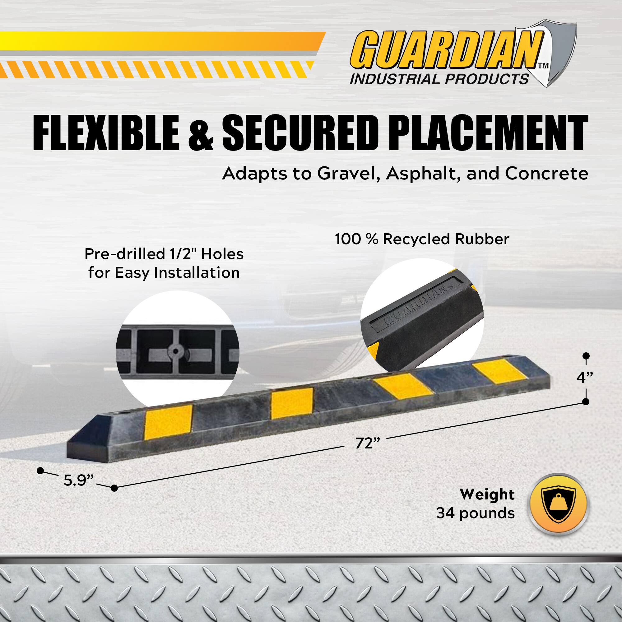 GUARDIAN™ INDUSTRIAL PRODUCTS  
FLEXIBLE & SECURED PLACEMENT  
Adapts to Gravel, Asphalt, and Concrete  
Pre-drilled 1/2" Holes for Easy Installation  
100% Recycled Rubber  
LAN GUARD  
4" x 72" x 5.9"  
Weight: 34 pounds