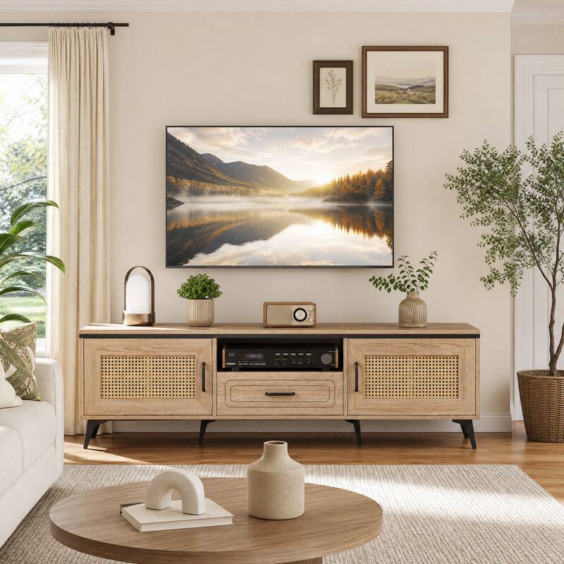 Angle. WELLFOR - Mid Century Modern TV Stand for TVs up to 65 In,Entertainment Center Media Console Table with 2 Rattan Door and Drawer - Oak.