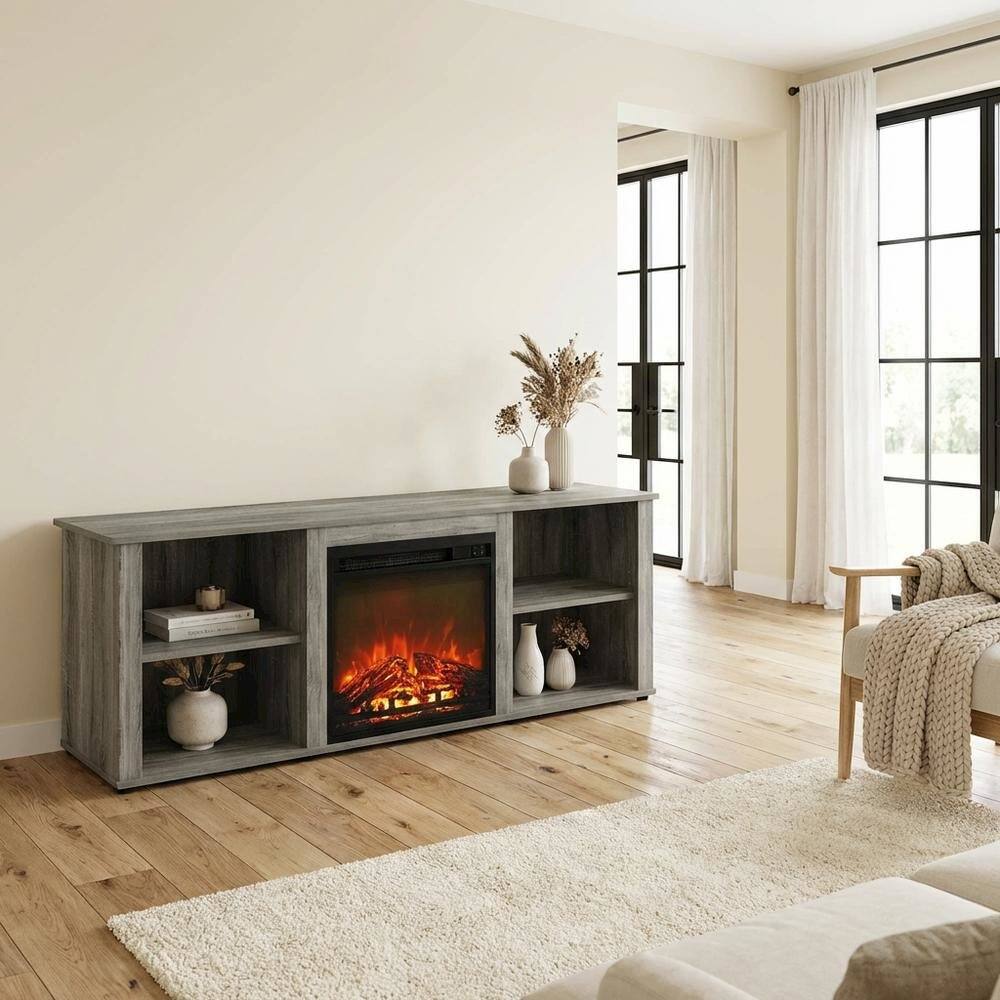 Alt View 2. FurniFact - Wood TV Stand with Fireplace and French Oak Grey Finish, Modern Design - Gray.