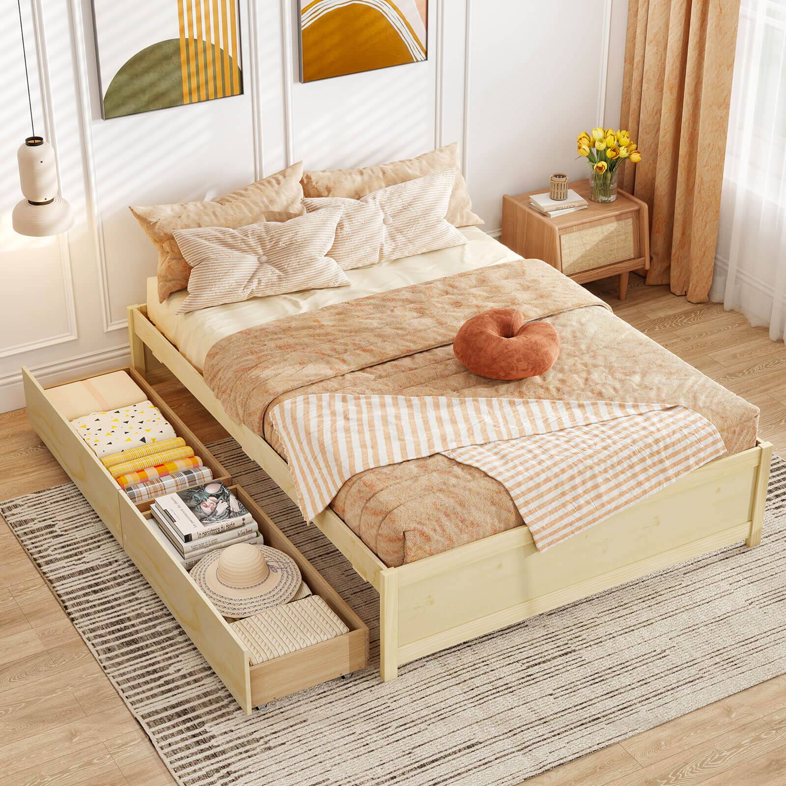 Alt View 9. Costway - Costway Full Size Wooden Platform Bed with 2 Rolling Storage Drawers Wood Slat Support - Natural.