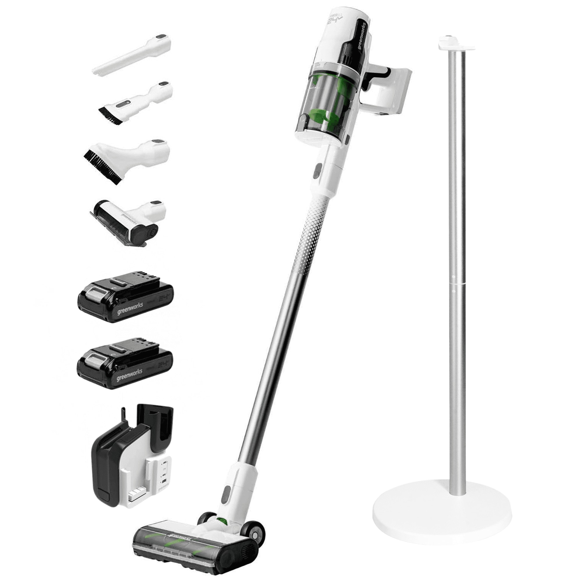 Greenworks - 24V Cordless White Deluxe Stick Vacuum with (2) 4.0 Ah USB-C Batteries and 30-Minute Super Charger