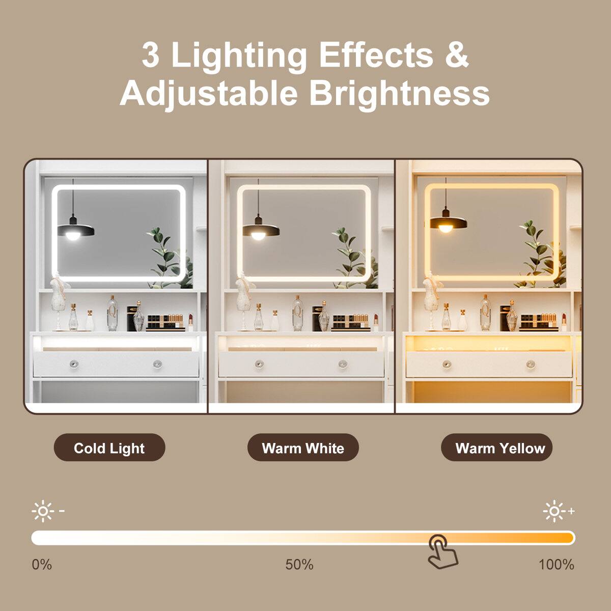 3 Lighting Effects & Adjustable Brightness

Cold Light Warm White Warm Yellow

0% 50% 100%