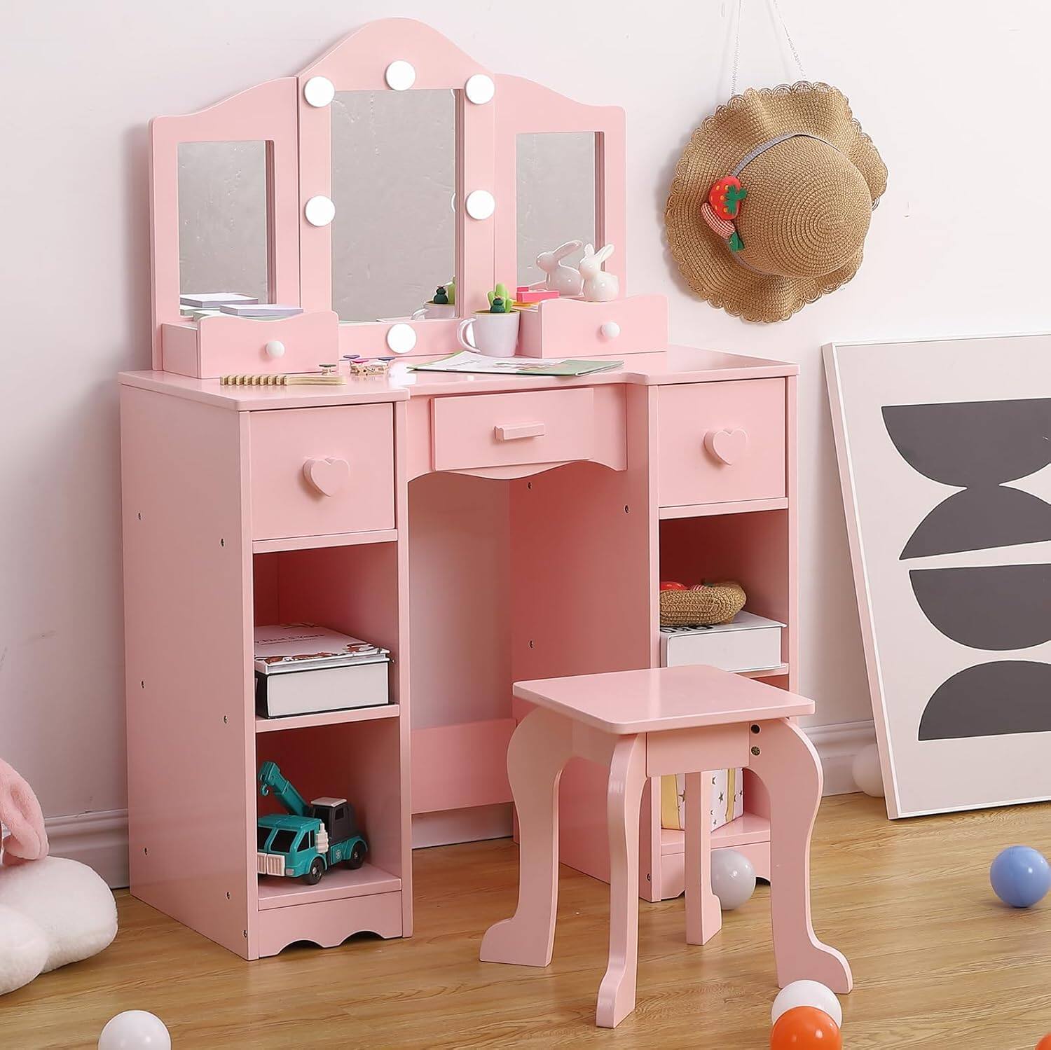 Front. GARVEE - Kids Vanity Set With Mirror, 2 in-1 Wooden Toddler Vanity Table With Stool, Tri-Folding Mirror & Drawer - pink.