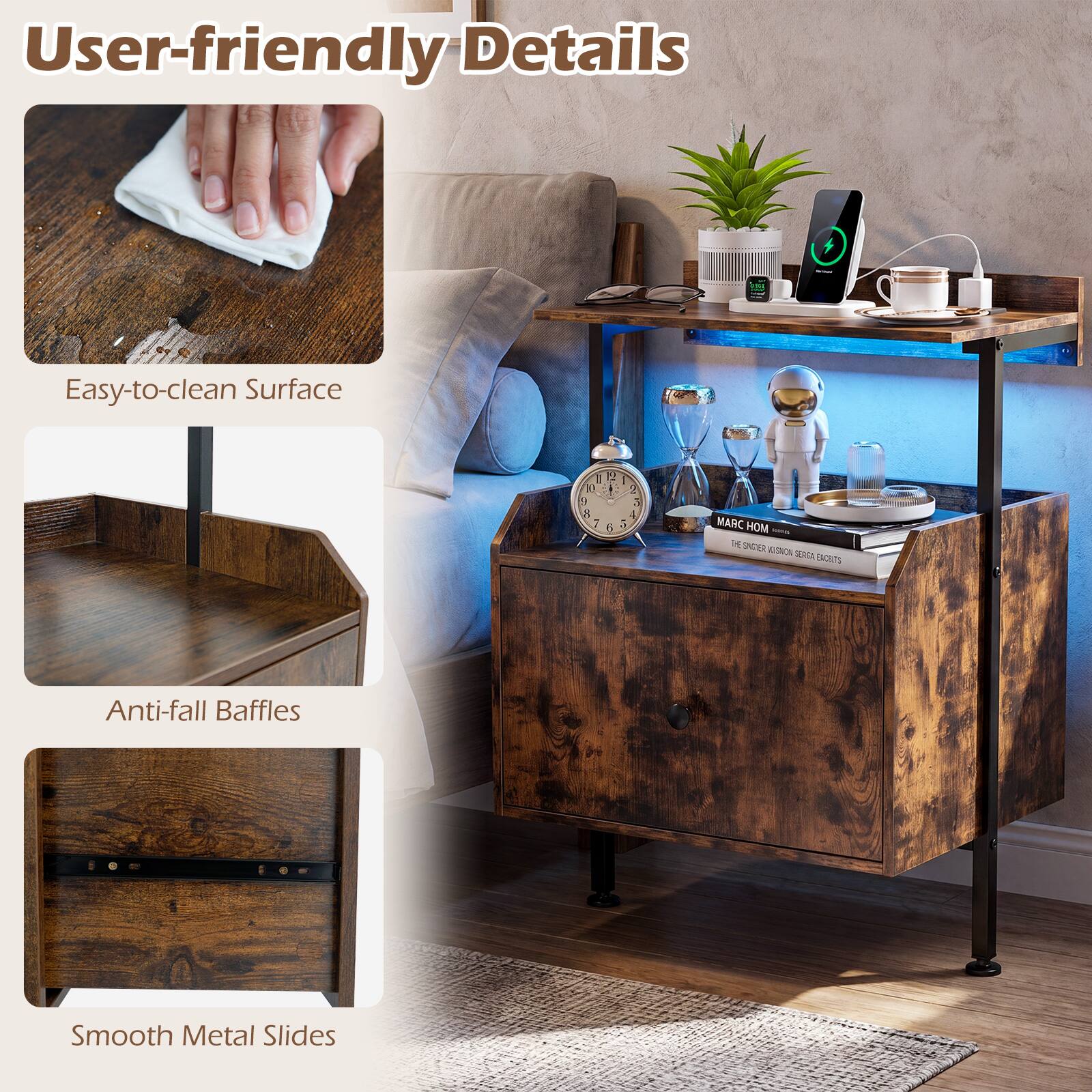 User-friendly Details  
Easy-to-clean Surface  
Anti-fall Baffles  
Smooth Metal Slides
