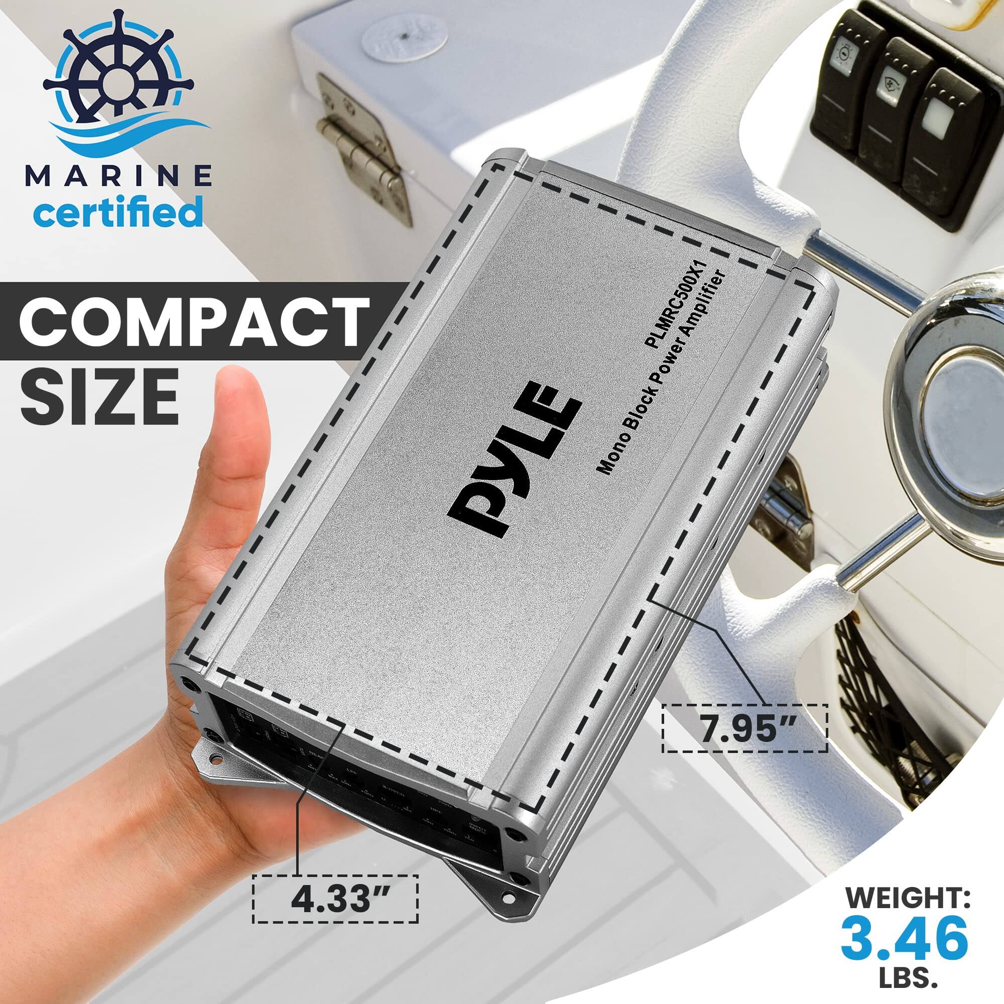 MARINE certified COMPACT SIZE Block PYLE Mono PLMRC500X1 Amplifier Power 7.95" 4.33" WEIGHT: 3.46 LBS.