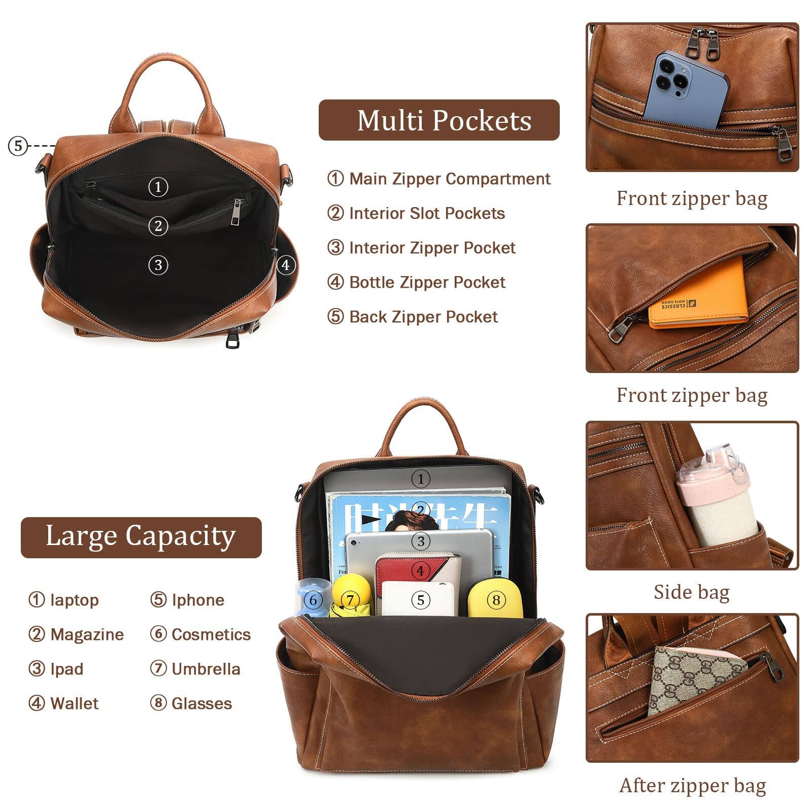 Back. Stamp n Camp - Leather Backpack Purse For Women Designer Ladies Shoulder Bag Fashion Faux Work Travel Handbags - Kcus22001-nubuck Style Coffee.