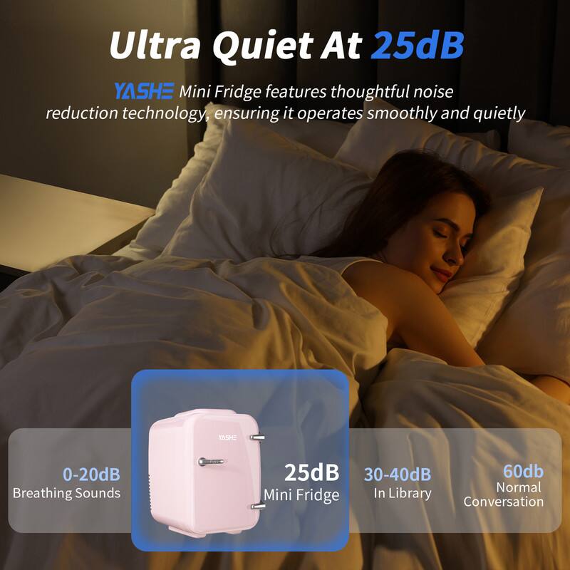 Ultra Quiet At 25dB

YASHE Mini Fridge features thoughtful noise reduction technology, ensuring it operates smoothly and quietly.

0-20dB Breathing Sounds  
25dB Mini Fridge  
30-40dB In Library  
60dB Normal Conversation