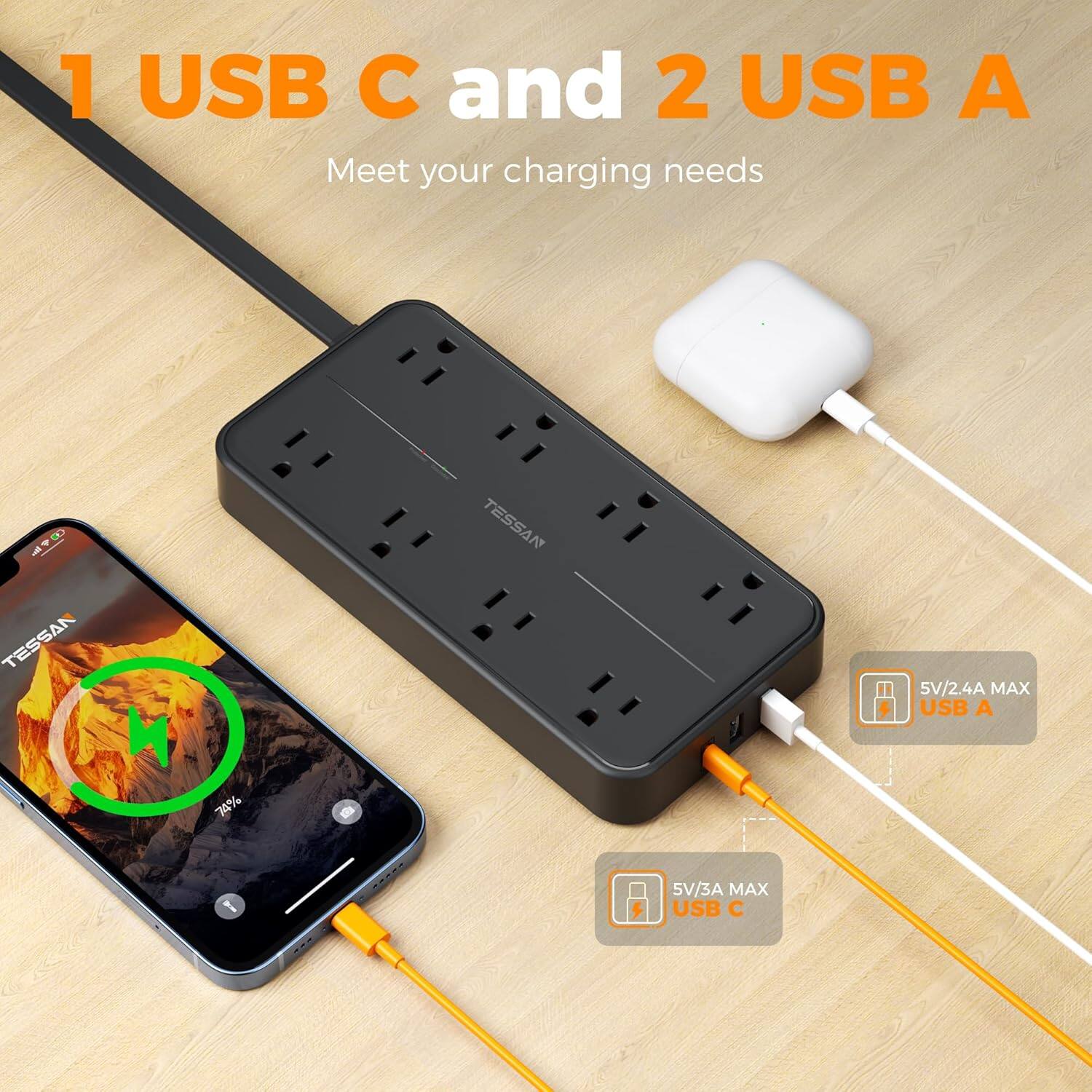 1 USB C and 2 USB A  
Meet your charging needs  

TESSAN  
5V/2.4A MAX USB A  
5V/3A MAX USB C