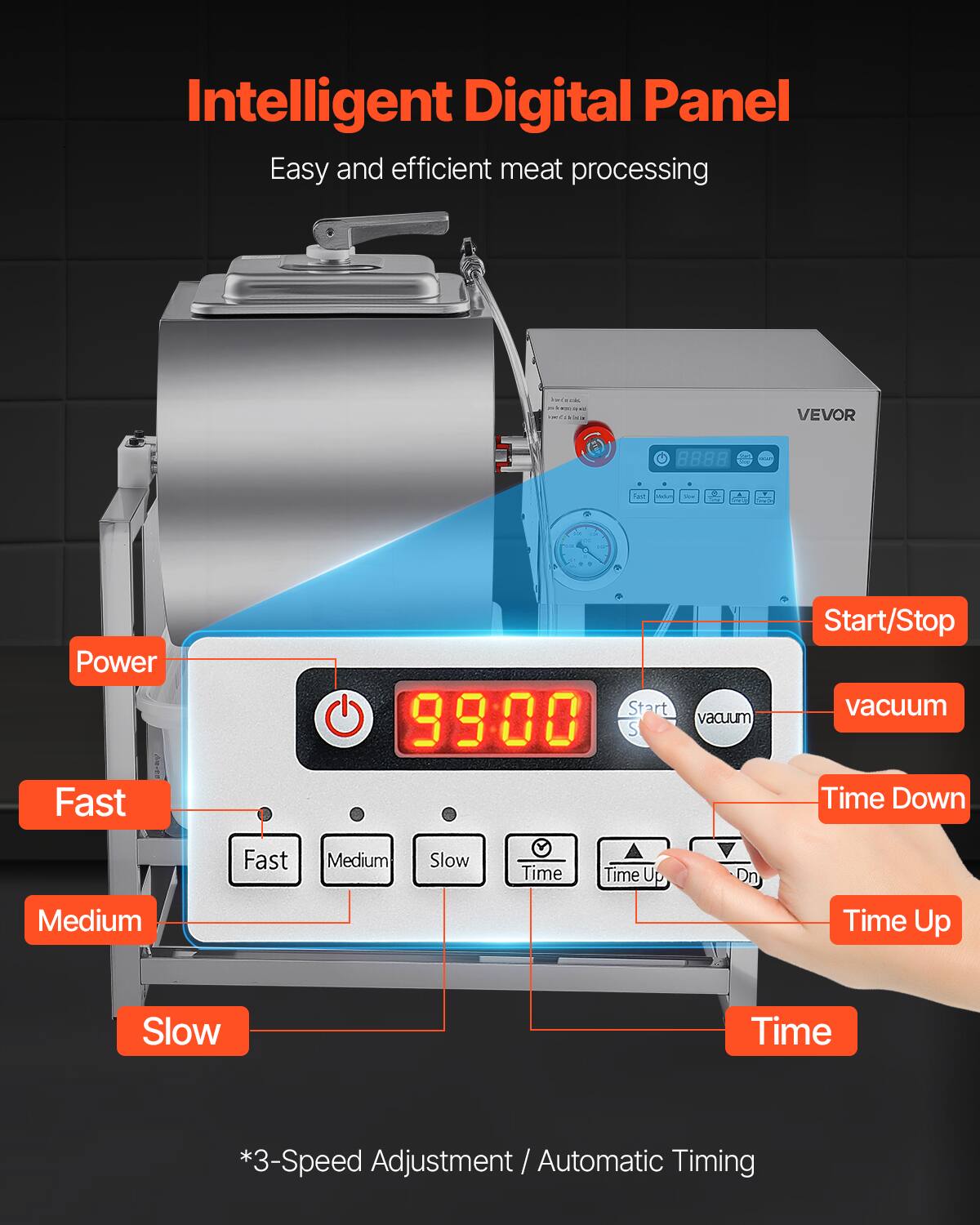 Intelligent Digital Panel  
Easy and efficient meat processing  

Power  
Fast  
Medium  
Slow  

Start/Stop  
vacuum  
Time Down  
Time Up  
Time  

*3-Speed Adjustment / Automatic Timing