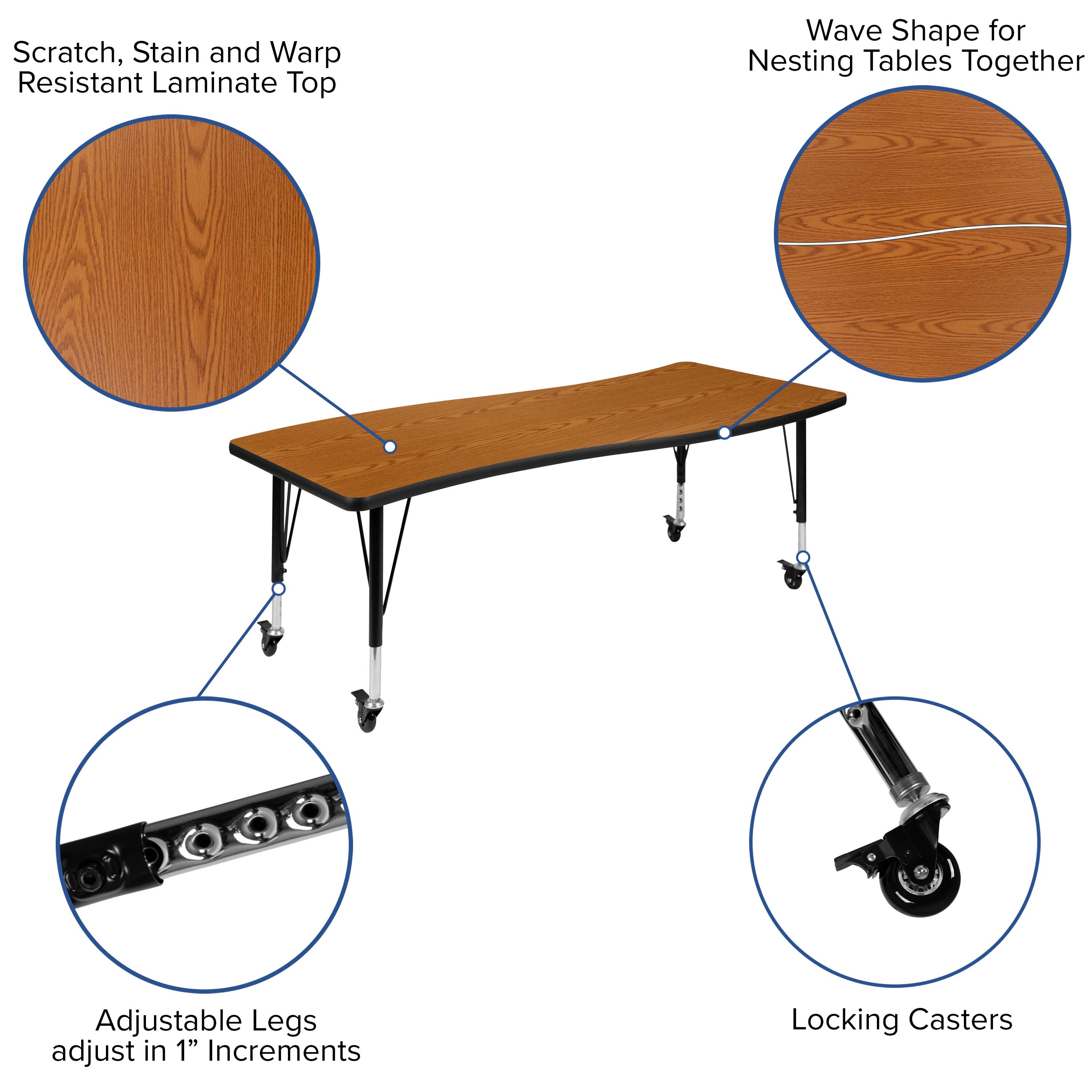 Scratch, Stain and Warp Resistant Laminate Top

Wave Shape for Nesting Tables Together

Adjustable Legs adjust in 1" Increments

Locking Casters