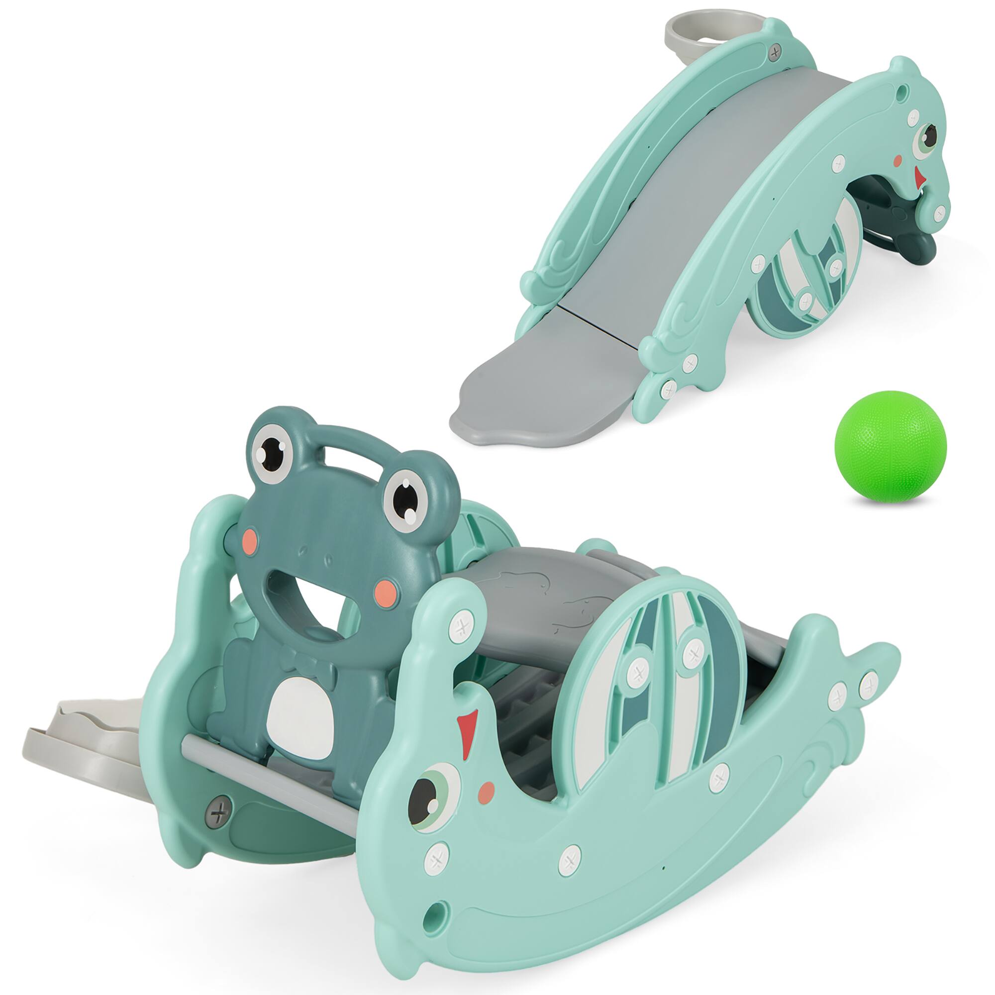 Front. Gymax - Gymax 3-in-1 Kids Slide Rocking Horse Set Convertible Toddler Slide w/ Basketball Hoop Green - Green.