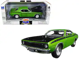 1970 Plymouth Barracuda Hood and Stripes "Muscle Car Collection" 1/25 Diecast Model Car by New Ray - Green With Black