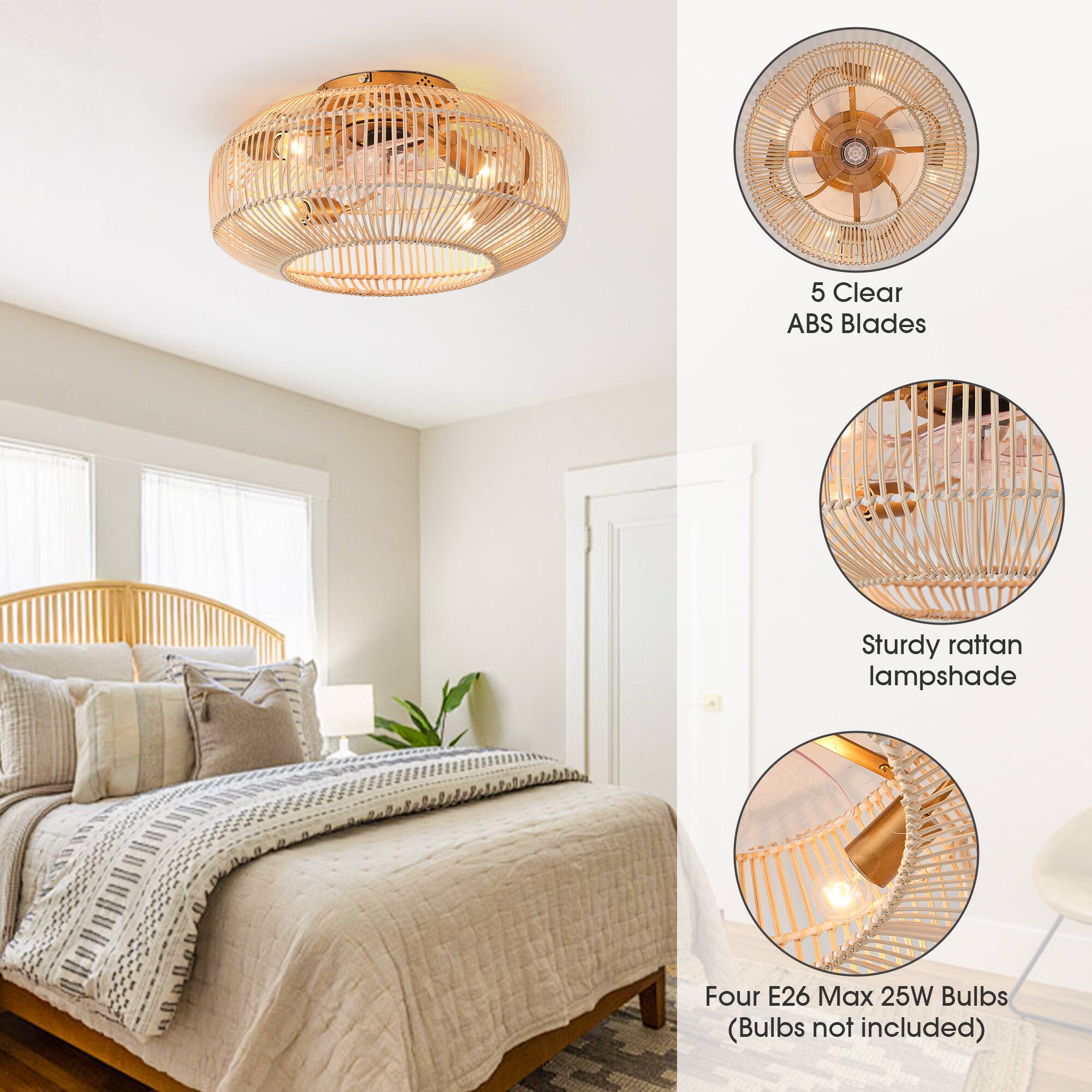 5 Clear ABS Blades  
Sturdy rattan lampshade  
Four E26 Max 25W Bulbs (Bulbs not included)