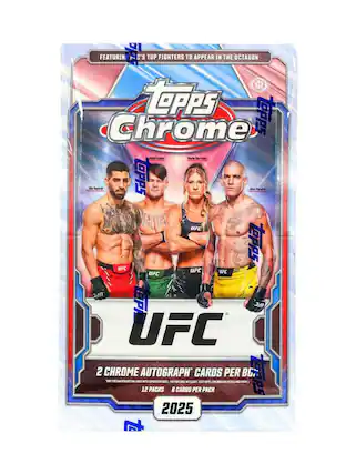 FEATURING UFC'S TOP FIGHTERS TO APPEAR IN THE OCTAGON
Topps Chrome
UFC
2 CHROME AUTOGRAPH CARDS PER BOX
12 PACKS 8 CARDS PER PACK
2025
FOR DETAILS AND ENTRY, VISIT TOPPS.COM/CHROME
