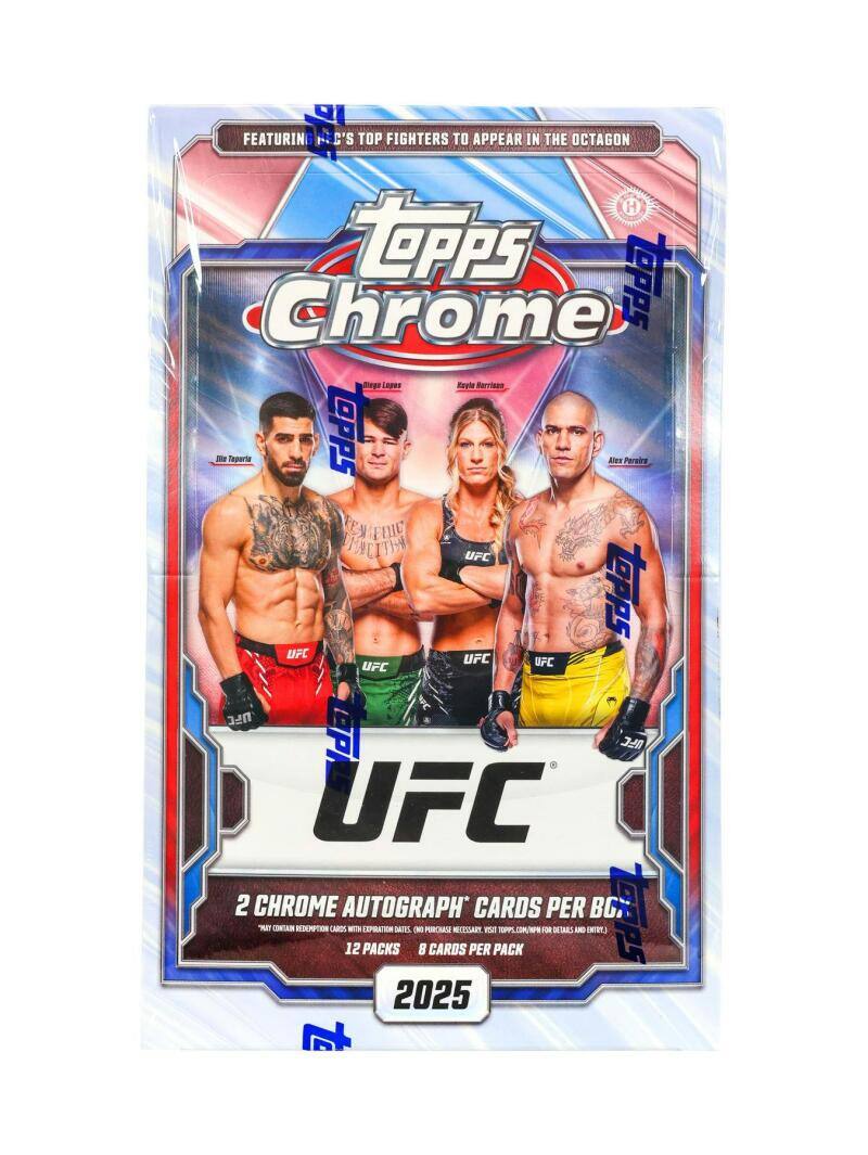FEATURING UFC'S TOP FIGHTERS TO APPEAR IN THE OCTAGON

Topps Chrome

UFC

2 CHROME AUTOGRAPH CARDS PER BOX
12 PACKS 8 CARDS PER PACK

2025

FOR DETAILS AND ENTRY, VISIT TOPPS.COM/CHROME