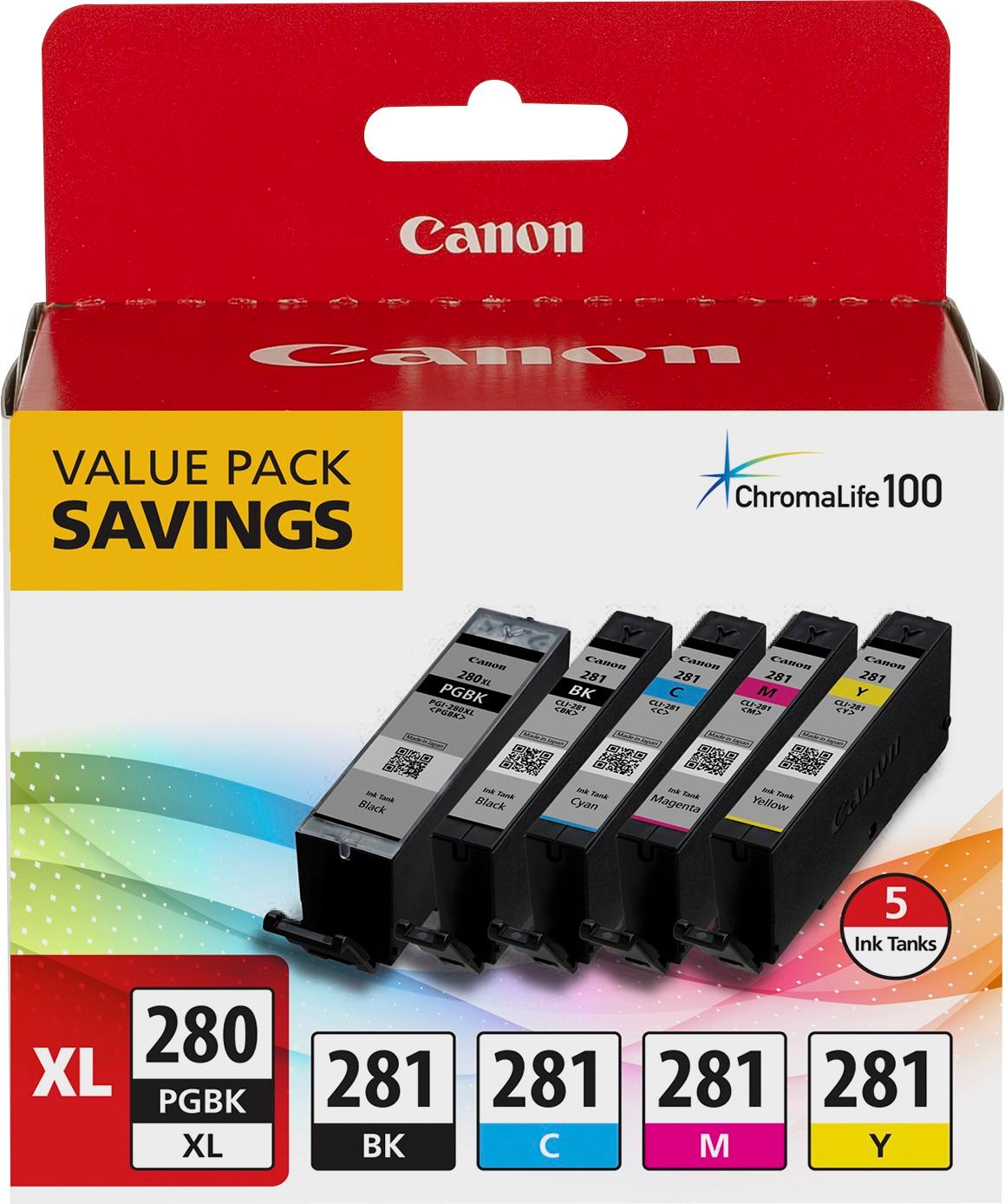 Canon PGI-280 XL CLI-281 5-Pack High-Yield Pigment Black, Standard Capacity Ink Cartridges Black, Cyan, Magenta, Yellow 2021C007 - Best