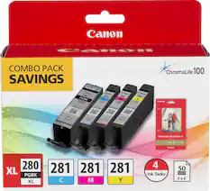 Front. Canon - PGI-280 XL/CLI-281 4-Pack High-Yield - Pigment Black, Standard Capacity - Cyan, Magenta, Yellow Cartridges + Photo Paper - Black, Cyan, Magenta, Yellow.