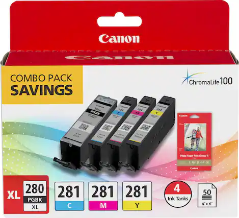 Front. Canon - PGI-280 XL/CLI-281 4-Pack High-Yield - Pigment Black, Standard Capacity - Cyan, Magenta, Yellow Cartridges + Photo Paper - Black, Cyan, Magenta, Yellow.
