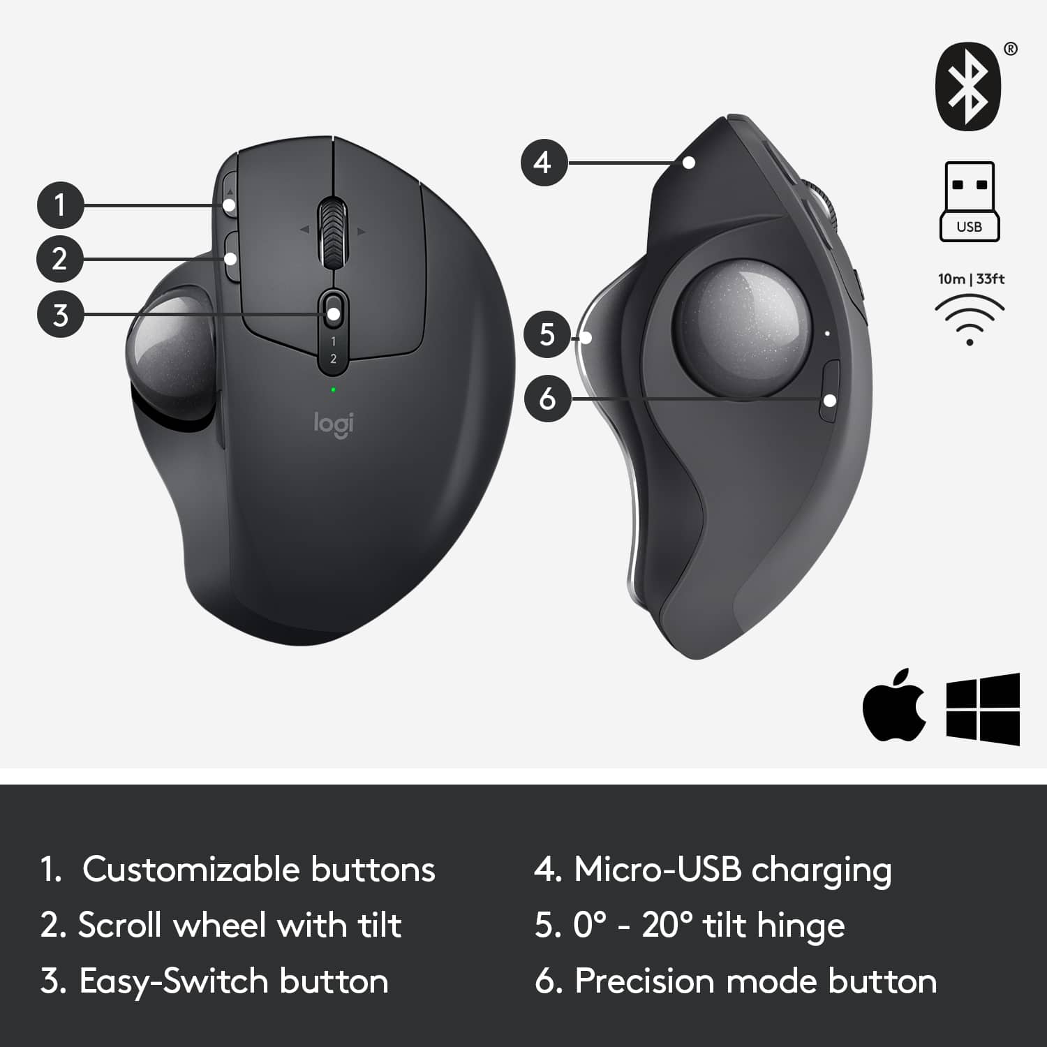 1. Customizable buttons
2. Scroll wheel with tilt
3. Easy-Switch button
4. Micro-USB charging
5. 0 - 20 0 tilt hinge
6. Precision mode button