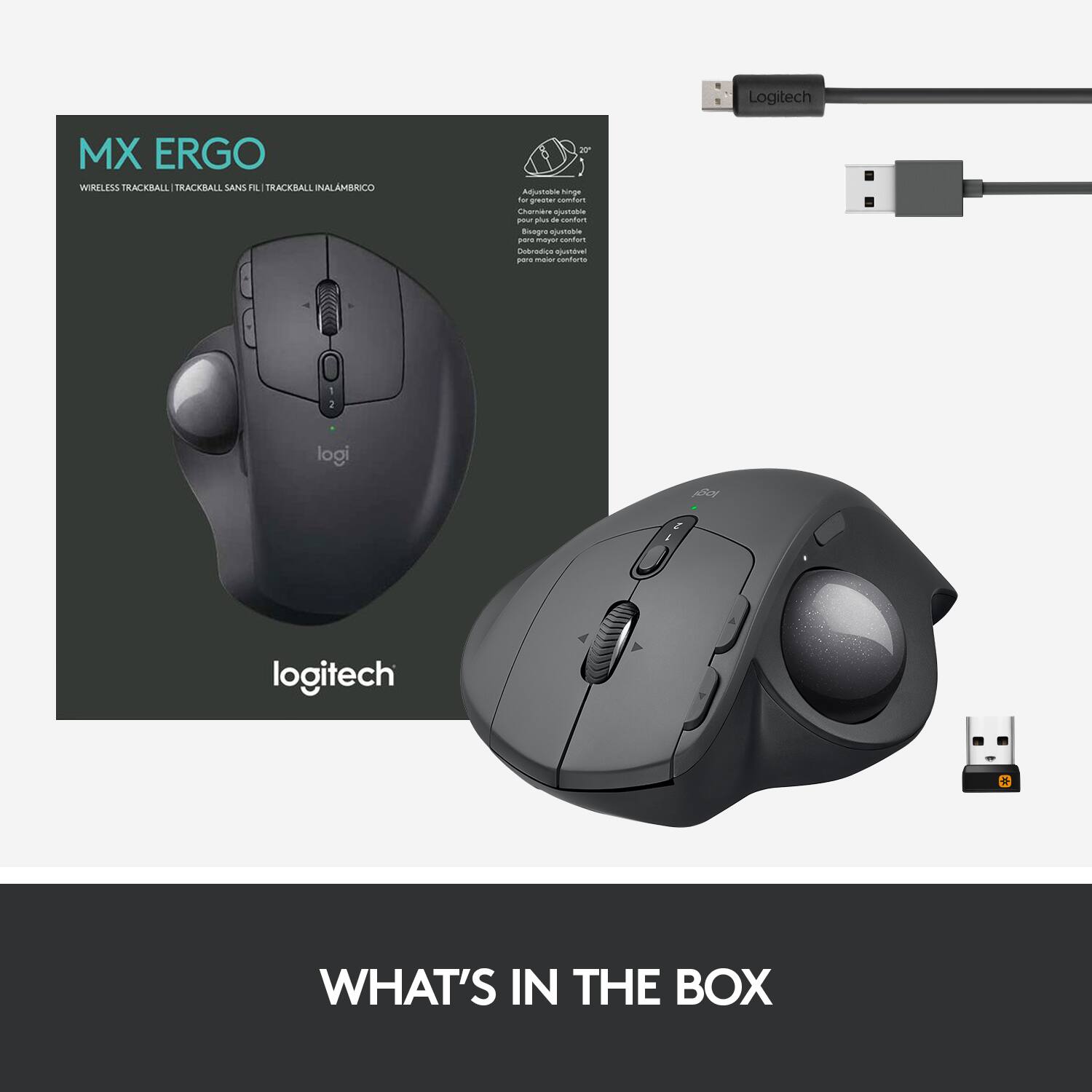 Logitech MX ERGO WIRELESS TRACKBALL: The image shows a Logitech MX ERGO WIRELESS TRACKBALL mouse, which is a wireless trackball mouse. The mouse is designed for comfort and ergonomics, making it suitable for extended periods of use. The mouse is accompanied by a USB dongle, which is used to connect the mouse to a computer. The packaging also includes a quick start guide, which helps users set up and use the mouse.