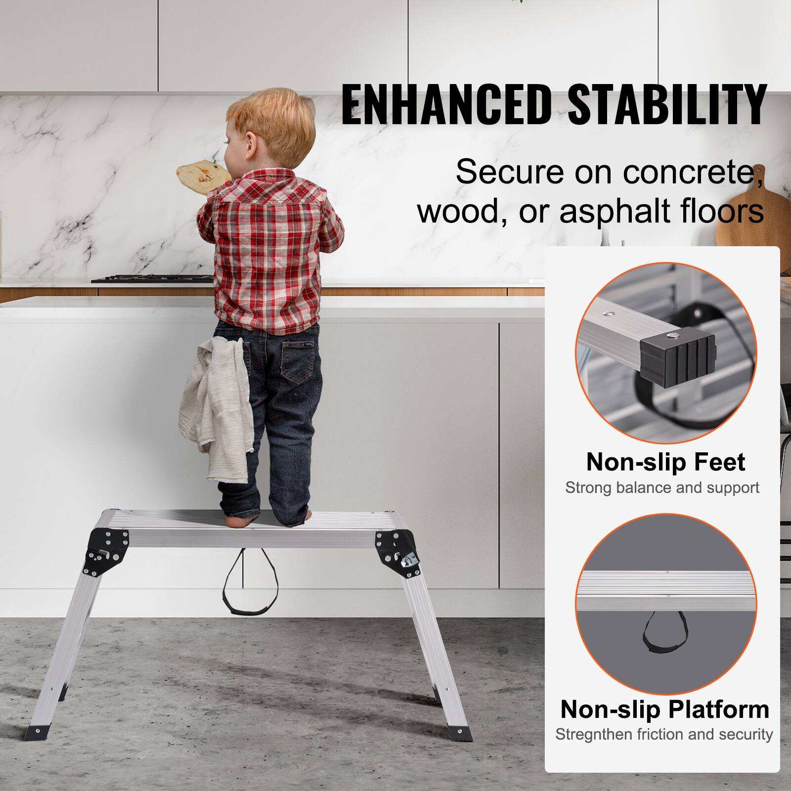 ENHANCED STABILITY  
Secure on concrete, wood, or asphalt floors  

Non-slip Feet  
Strong balance and support  

Non-slip Platform  
Strengthen friction and security
