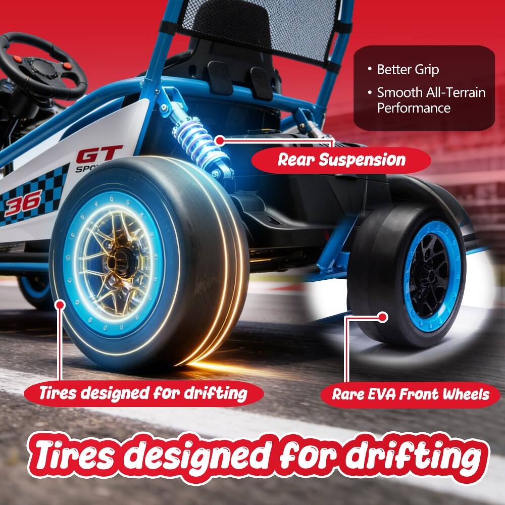 Better Grip  
Smooth All-Terrain Performance  
GT SPO 36  
Rear Suspension  
Tires designed for drifting  
Rare EVA Front Wheels  
Tires designed for drifting