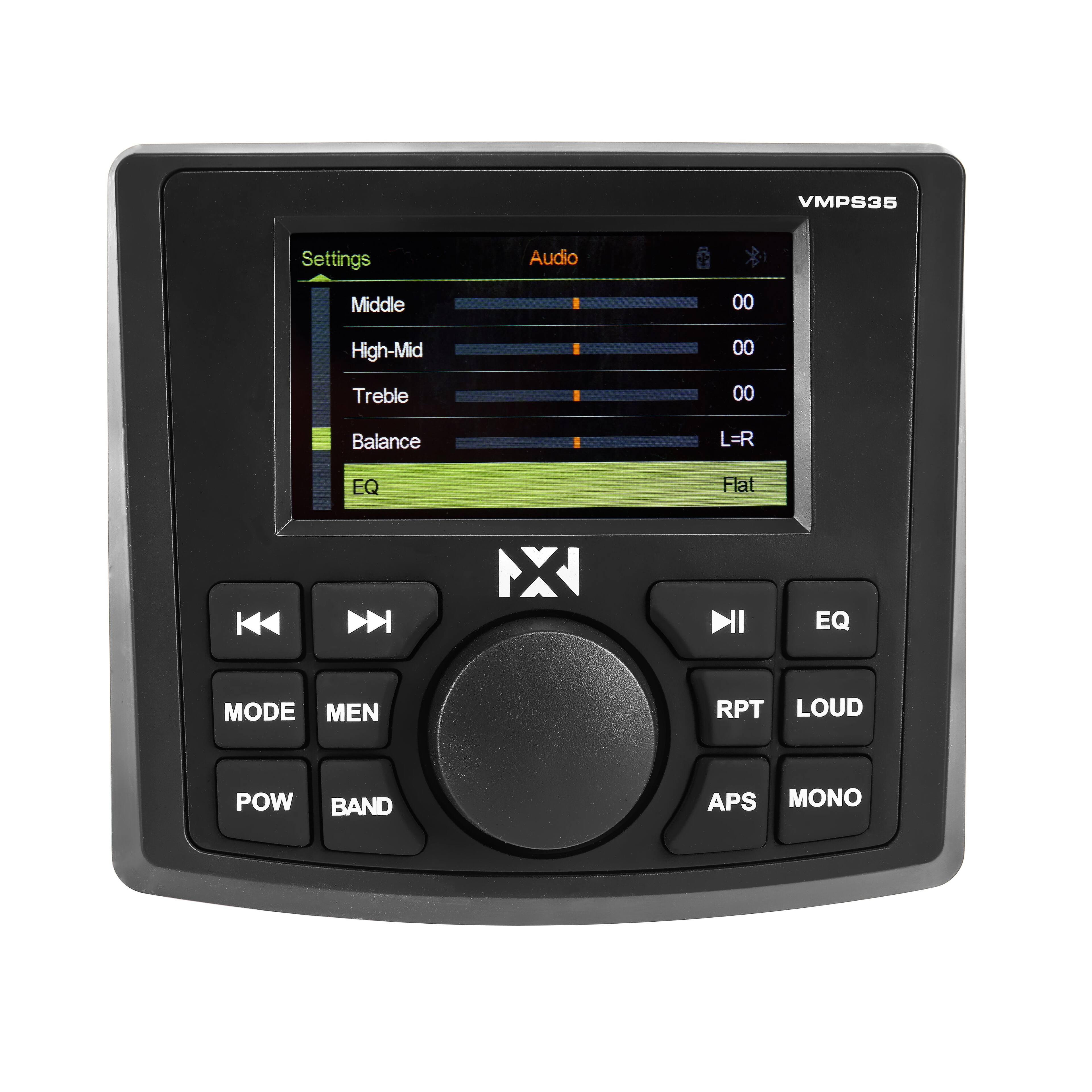 VMPS35 Settings Audio  
Middle 00  
High-Mid 00  
Treble 00  
Balance L=R  
EQ Flat  
NX I EQ MODE MEN RPT LOUD POW BAND APS MONO