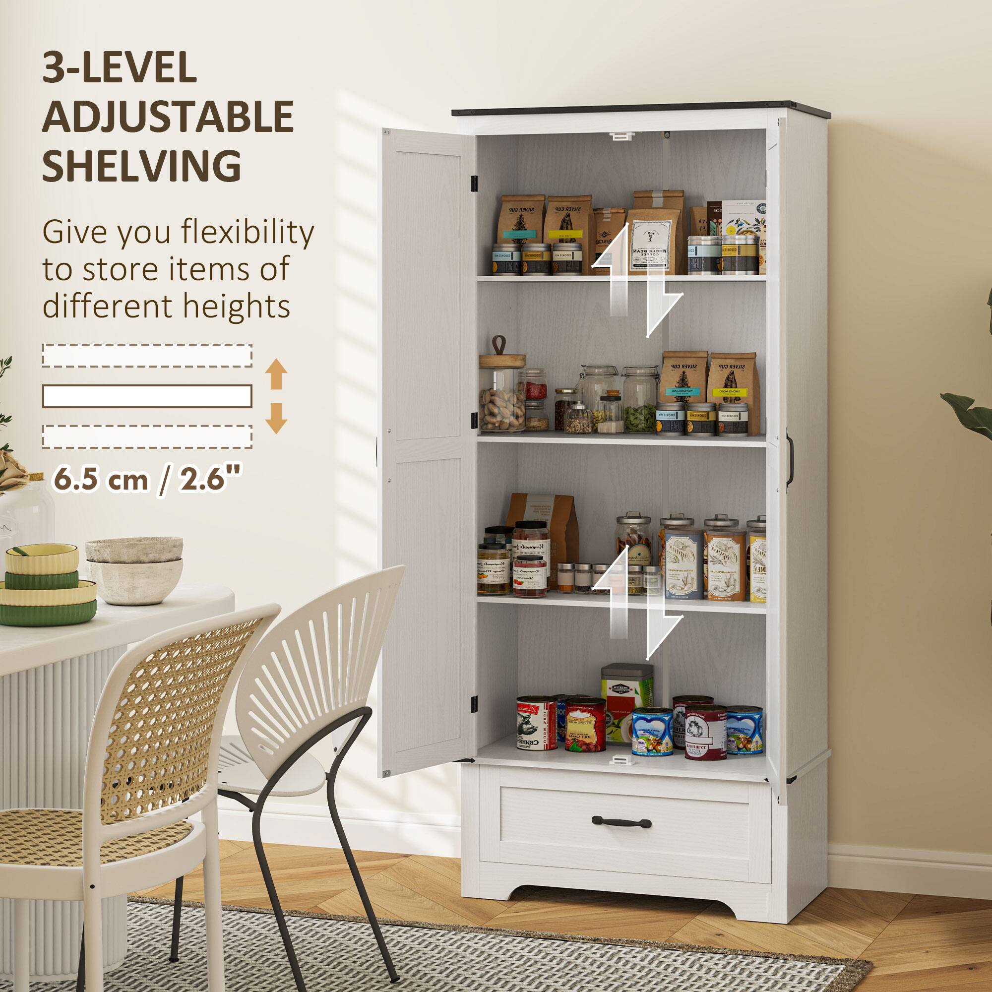 3-LEVEL ADJUSTABLE SHELVING Give you flexibility to store items of different heights - -- - A : | - - C A TEO 6.5 cm / 2.6"