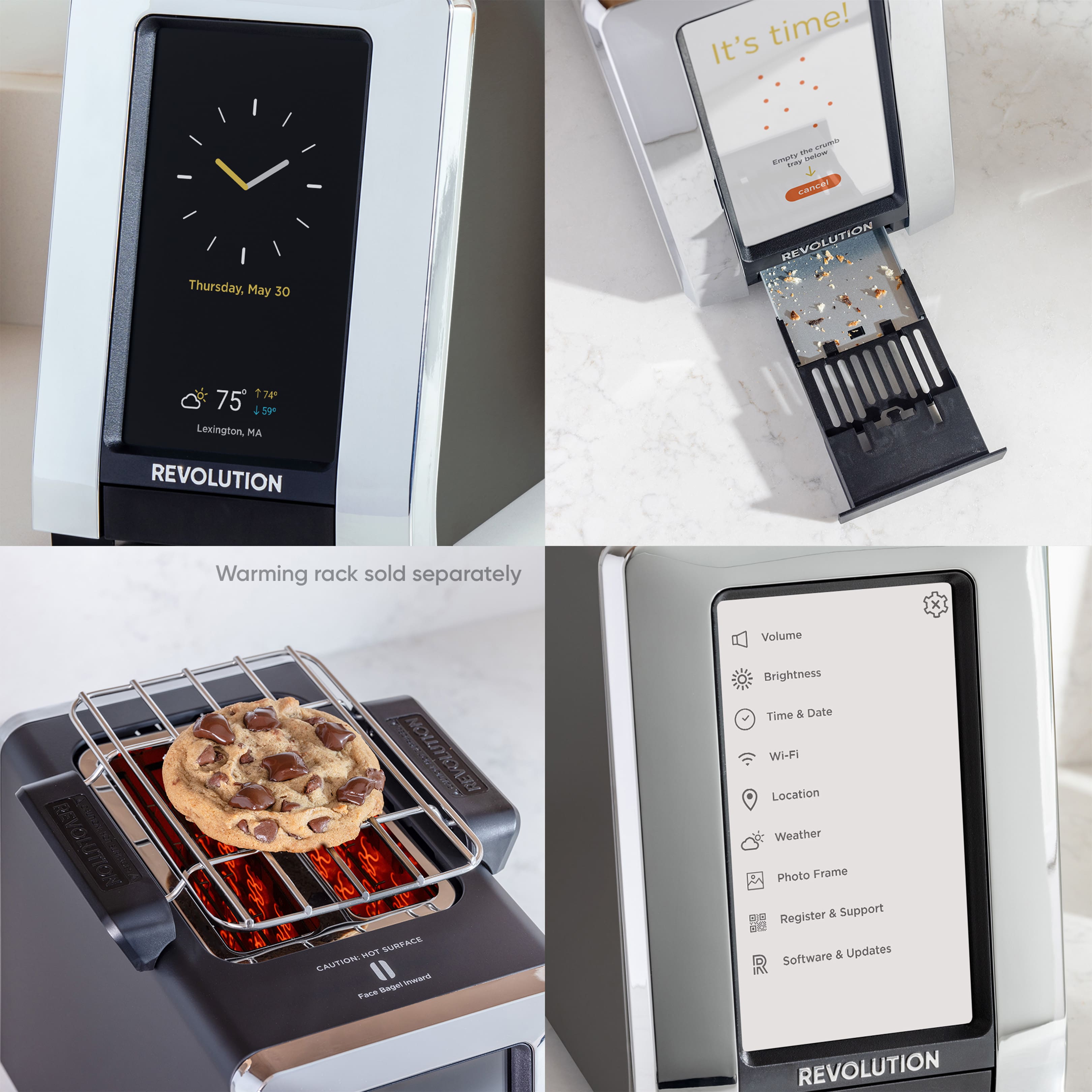 The image shows a variety of appliances and devices, including a toaster oven, a clock, and a smartphone. The text on the image reads "It's time! It's Thursday, May 30 - C EmuT - Su & CAMR REVOLUTION 75 I 50 Lexington,MA REVOLUTION Warming rack sold separately Volume HOIAT UmW eV REL SURFA mas CAUTION I -n FHs Bage Brightness Time & Date WI-FI Location Weather Photo Frame Register & Support Software & Updates REVOLUTION." This text seems to be a combination of different phrases and sentences, possibly related to the appliances and their features.