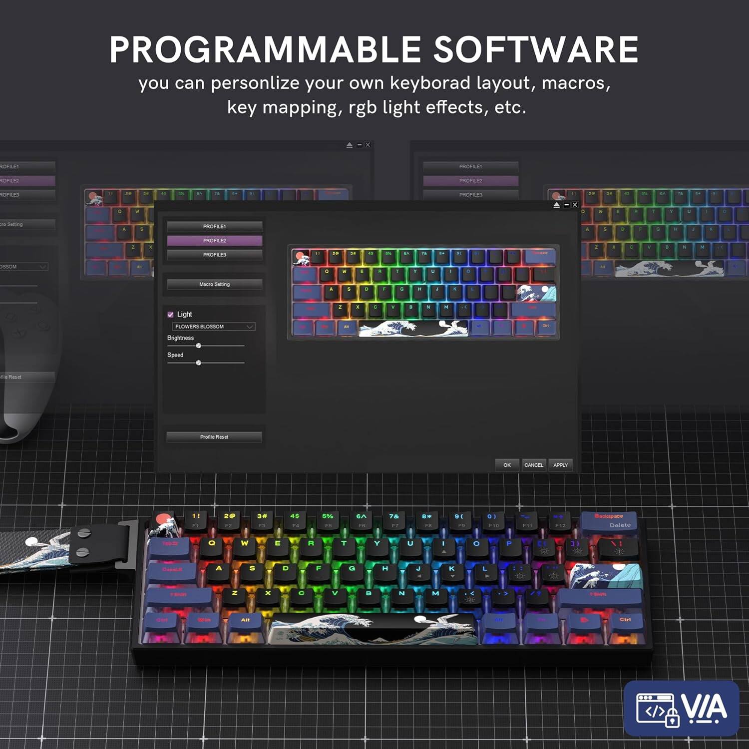 PROGRAMMABLE SOFTWARE  
you can personalize your own keyboard layout, macros, key mapping, rgb light effects, etc.
