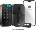 The image features a Yale lock with a fingerprint scanner, along with a phone and a keypad. The lock and phone are both fingerprint registered, ensuring secure access. The keypad has a total of 10 buttons, including the numbers 1 through 9 and the zero button. The phone is sold separately, and the lock and keypad are both made by Yale.