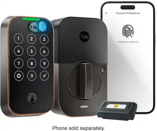 The image features a Yale lock with a fingerprint scanner, along with a phone and a keypad. The lock and phone are both fingerprint registered, ensuring secure access. The keypad has a total of 10 buttons, including the numbers 1 through 9 and the zero button. The phone is sold separately, and the lock and keypad are both made by Yale.