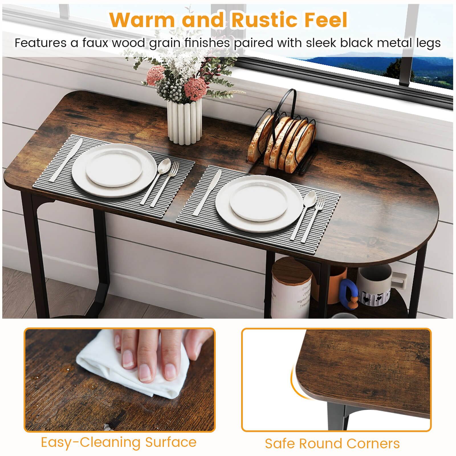 Warm and Rustic Feel  
Features a faux wood grain finish paired with sleek black metal legs  

Easy-Cleaning Surface  

Safe Round Corners