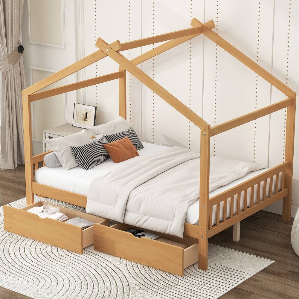 Left. Loheer - Loheer Full Size House Bed with Drawers, Natural Pine Wood Platform Frame - Natural.