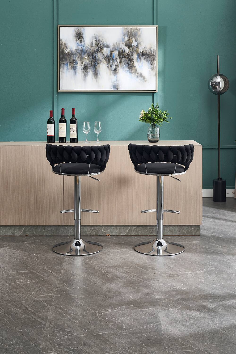 Alt View 1. APRILSOUL - Set of 2 Bar Stools Chrome Footrest Base Swivel Height Adjustable Velvet Chrome Leg BLACK - Black.