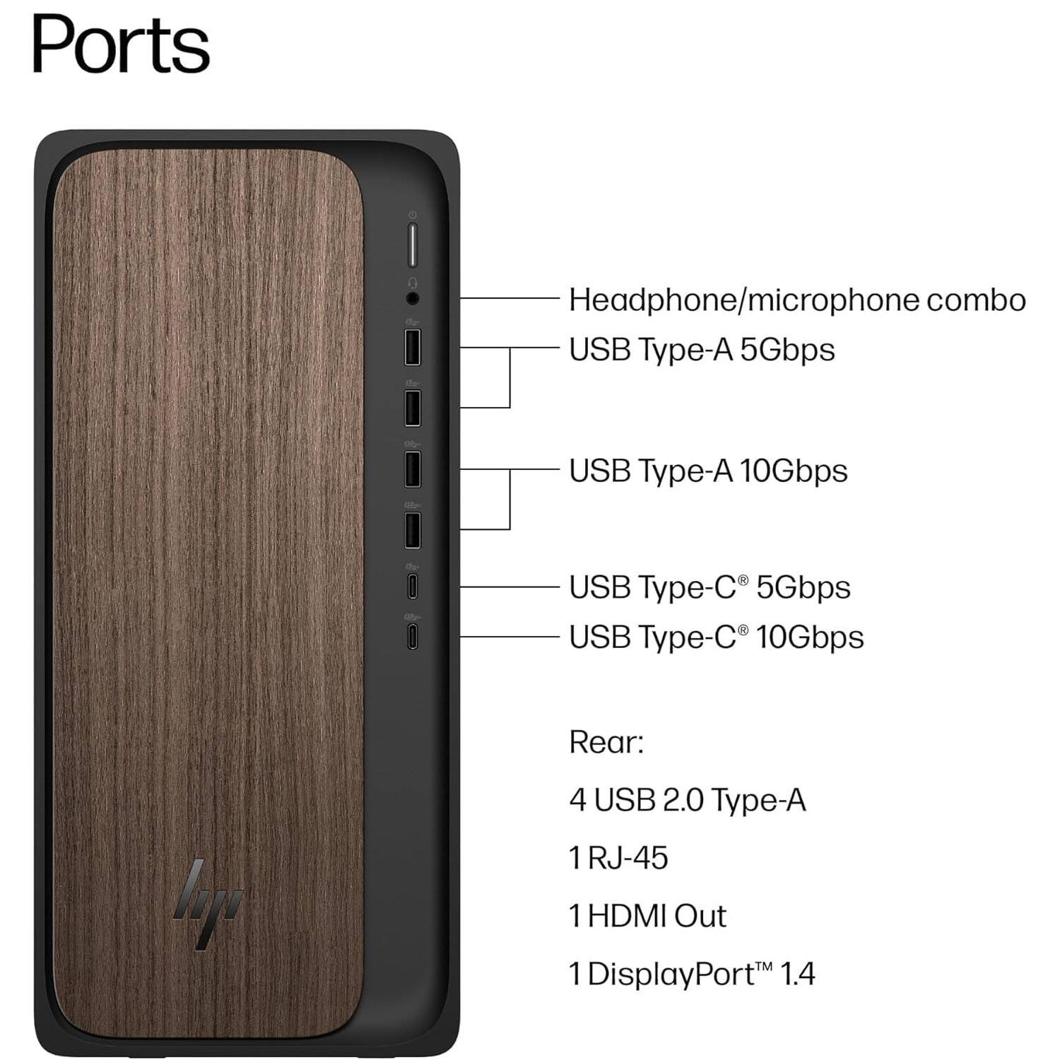 Ports

- Headphone/microphone combo
- USB Type-A 5Gbps
- USB Type-A 10Gbps
- USB Type-C 5Gbps
- USB Type-C 10Gbps

Rear:
- 4 USB 2.0 Type-A
- 1 RJ-45
- 1 HDMI Out
- 1 DisplayPort™ 1.4