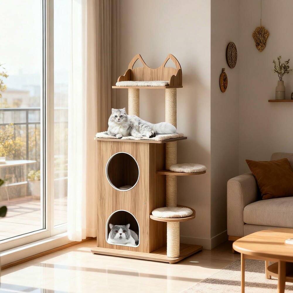 Alt View 1. Kadyn - 48-Inch Wooden Cat Tree with Two-Story Condo and Washable Cushions, Natural - Brown.
