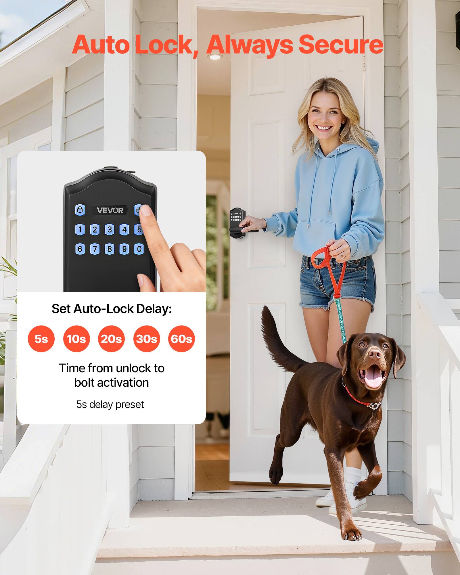 Auto Lock, Always Secure

Set Auto-Lock Delay:
5s 10s 20s 30s 60s

Time from unlock to bolt activation
5s delay preset