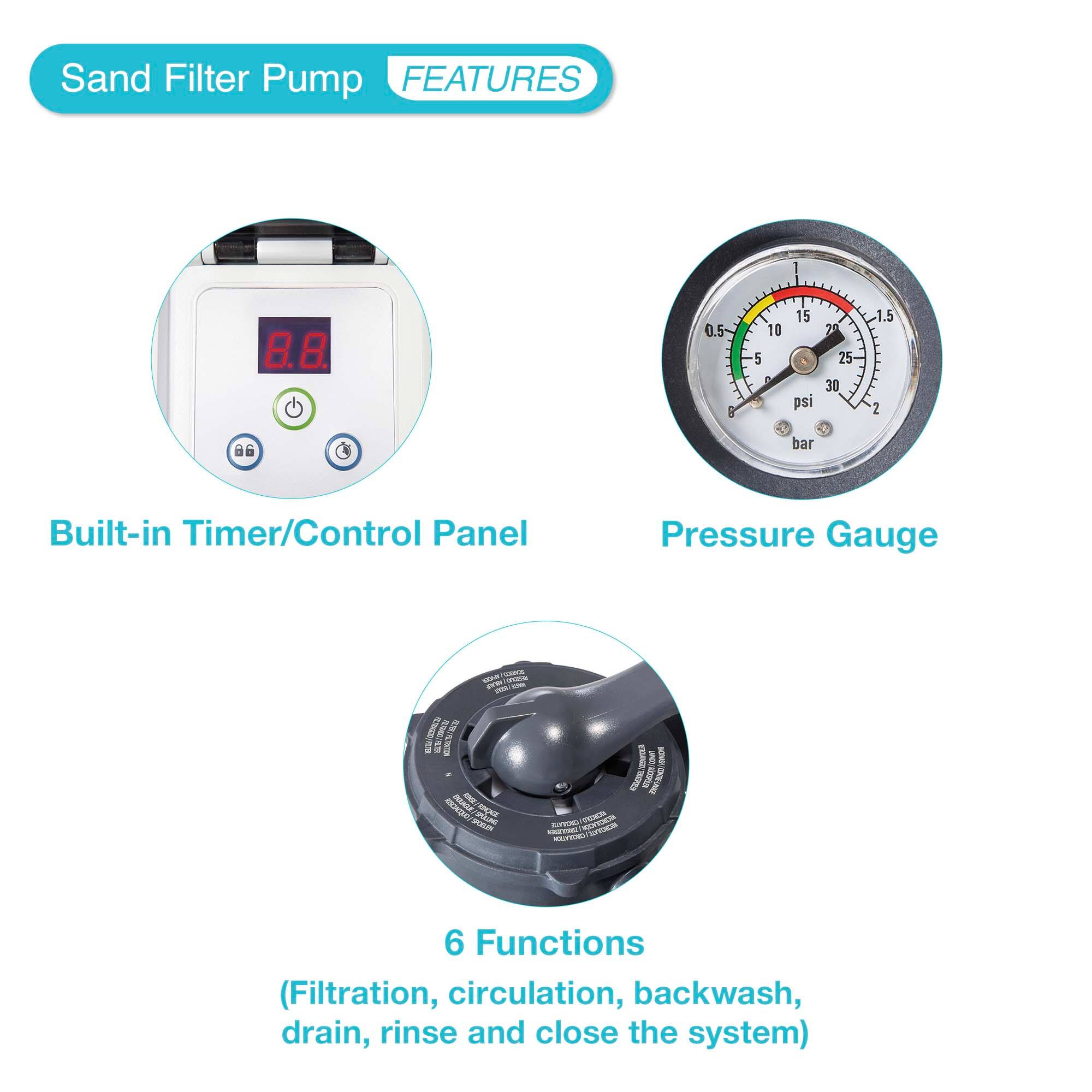 Sand Filter Pump  
FEATURES

- Built-in Timer/Control Panel
- Pressure Gauge
- 6 Functions (Filtration, circulation, backwash, drain, rinse and close the system)