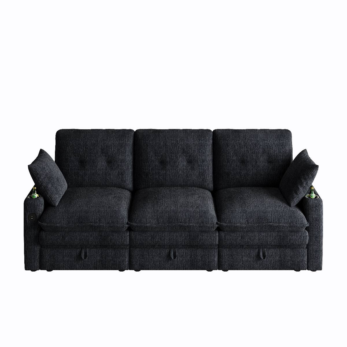 Alt View 10. Ropilly - Ropilly 89 Inch Storage Sofa Contemporary Black Chenille Couch with USB Ports Hidden Tabletop Cup Holders 3 Seat - Black.
