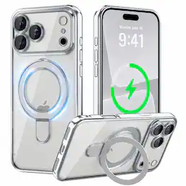 Dteck - Plating Clear Case for Apple iPhone 18 Pro, Magnetic Ring Stand Cover Compatible with MagSafe, Camera Lens Protector - Silver