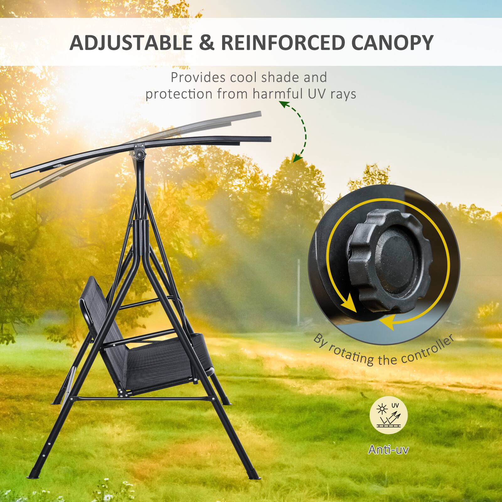 ADJUSTABLE & REINFORCED CANOPY

Provides cool shade and protection from harmful UV rays

By rotating the controller

Anti-UV