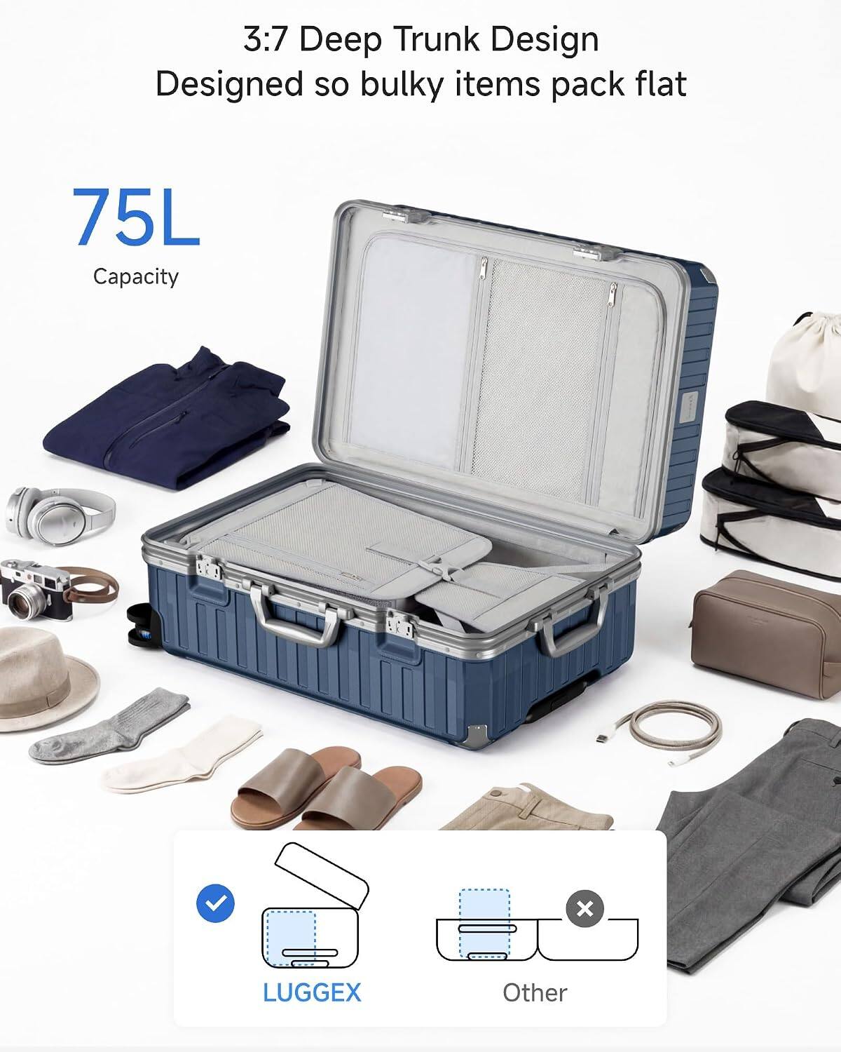 3:7 Deep Trunk Design  
Designed so bulky items pack flat  
75L Capacity  

LUGGEX  
Other