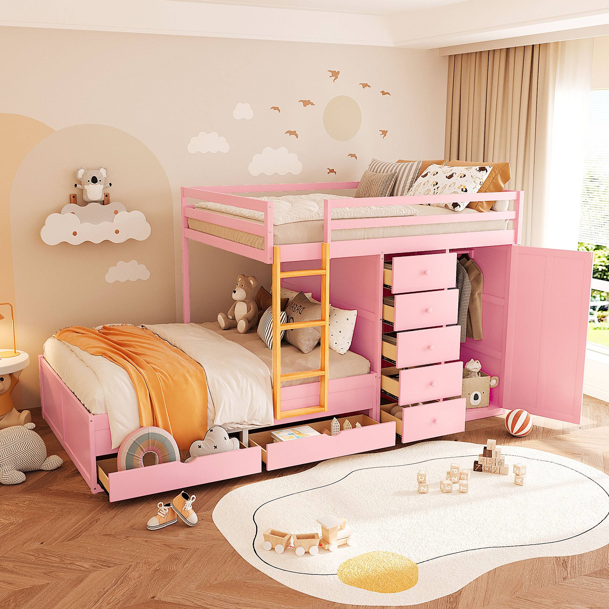 Angle. Anysun - Full Size Bunk Bed with Multiple Drawers & Wardrobe - MDF & Solid Wood Construction, Modern Storage Design - Pink.