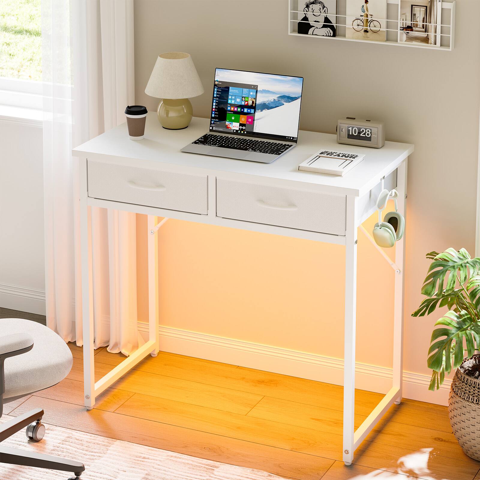 Alt View 6. Pinmoco - Pinmoco 32"/42" Small Computer Desk with RGB LED Lights & 2 Fabric Drawers, Modern Dorm Study Desk for Small Spaces - 32" White.