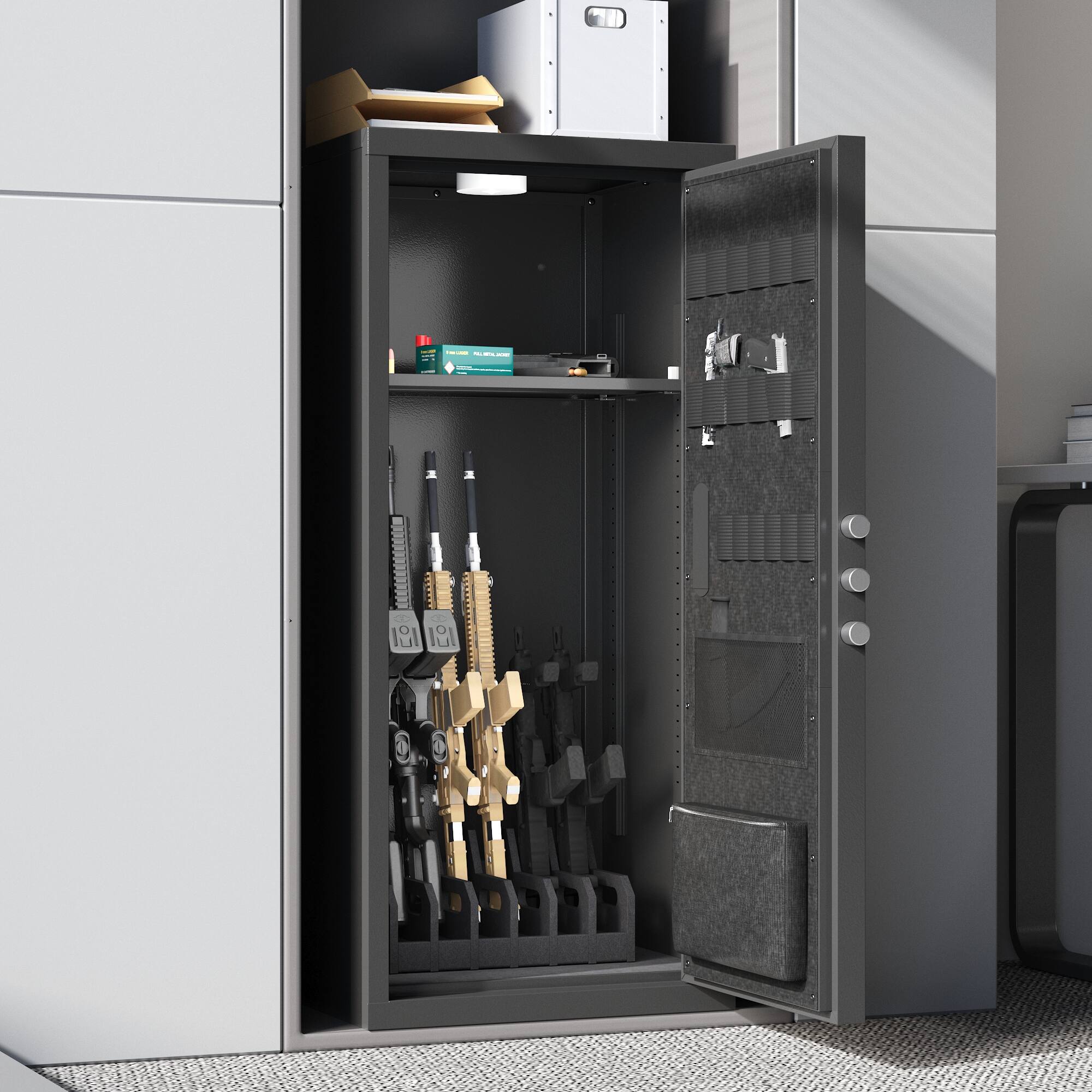 Angle. Famapy - Large Steel Gun Safe for Rifles and Handguns, Firearm Security Cabinet with Digital Keypad, Alarm System, Removable Shel - Black.