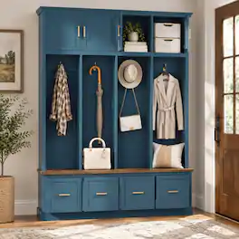 RYHNUYNE - U-Can Farmhouse Hall Tree, 59 in Wide, White Finish, Gold Hardware, Coat Hooks, Cabinets, Drawers, MDF - Navy Blue