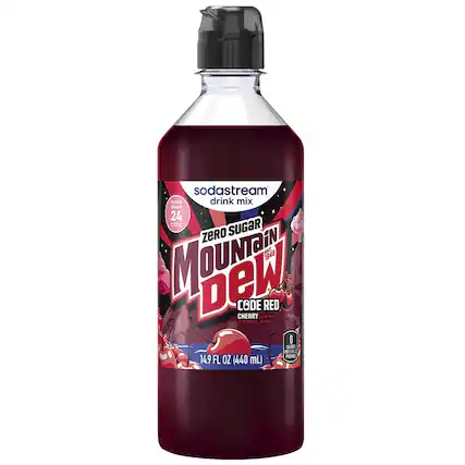 Sodastream makes drink mix. Food 24 cans zero SUGAR. Est. MOUNTAIN DEW CODE RED CHERRY FLAVOR WITH OTHER NATURAL FLAVORS. 0 CALORIES PER 29.0 PREPARED 14.9 FL OZ (440 mL)
