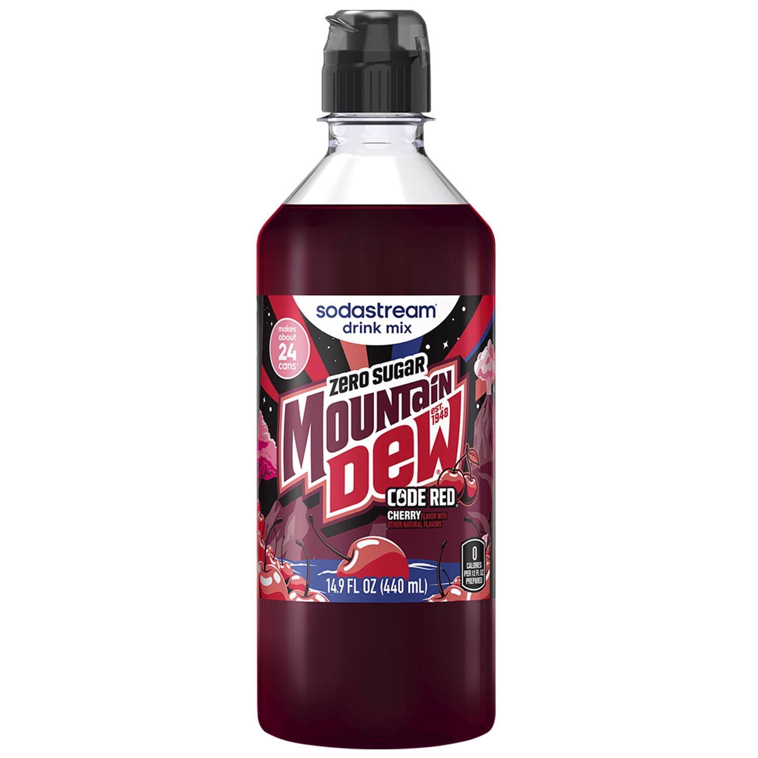 Sodastream makes drink mix. Food 24 cans zero SUGAR. Est. MOUNTAIN DEW CODE RED CHERRY FLAVOR WITH OTHER NATURAL FLAVORS. 0 CALORIES PER 29.0 PREPARED 14.9 FL OZ (440 mL)