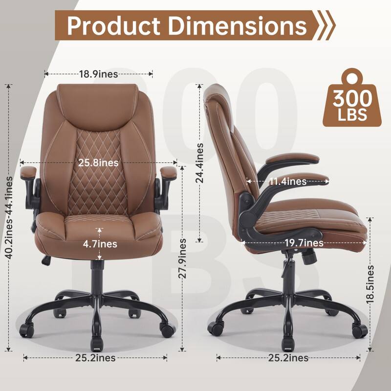 Product Dimensions

- Height: 40.2 inches - 44.1 inches
- Width: 25.8 inches
- Depth: 24.4 inches
- Seat Height: 18.9 inches
- Seat Width: 25.2 inches
- Seat Depth: 25.2 inches
- Armrest Height: 27.9 inches
- Back Height: 24.4 inches
- Back Width: 25.8 inches
- Armrest Width: 11.4 inches
- Base Diameter: 25.2 inches
- Weight Capacity: 300 LBS